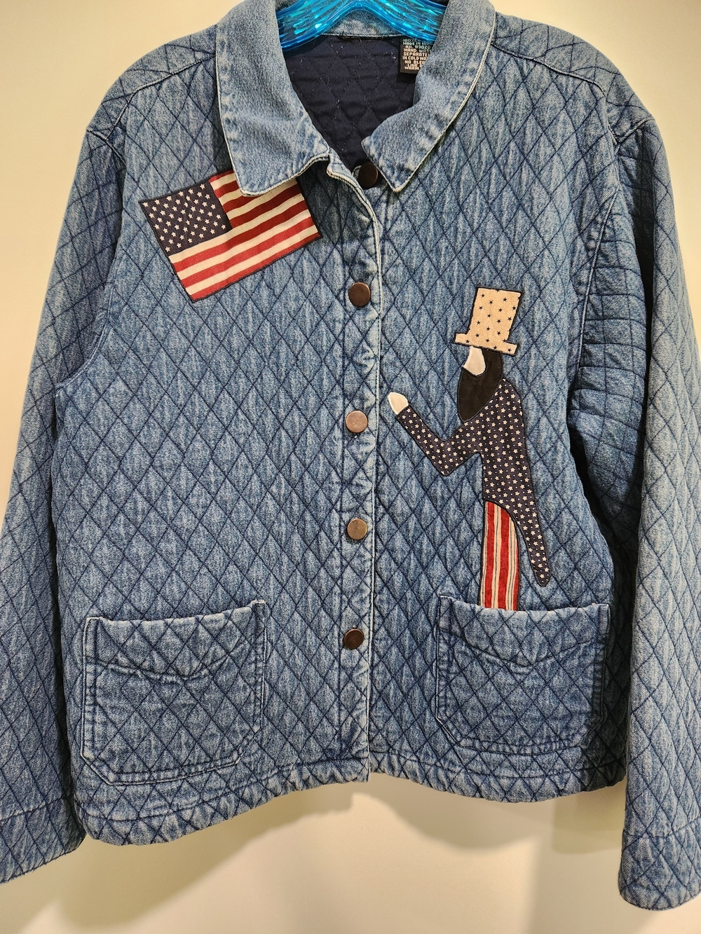 Vintage Womens Quilted Denim Jacket with Patriotic Patchwork